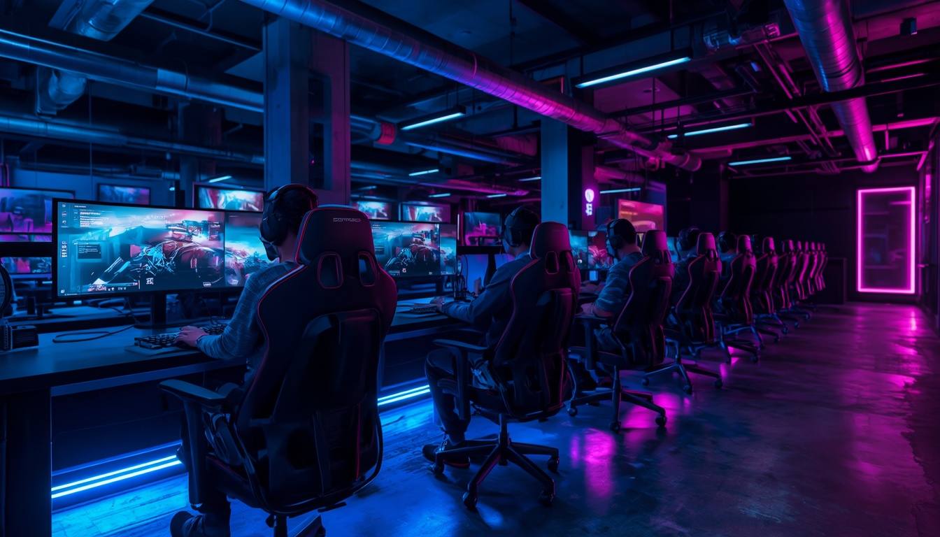 A long aisle running past rows of premium gaming stations in blue and purple light