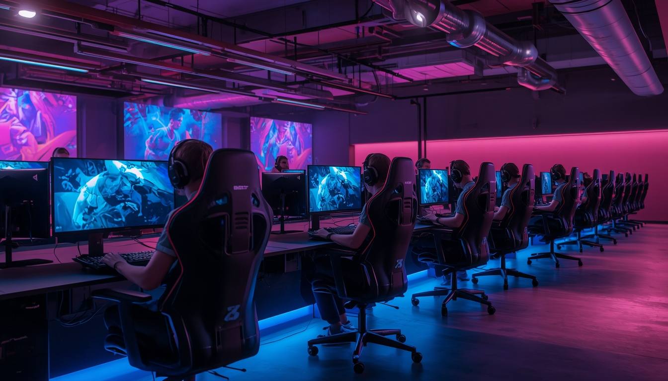 Rows of high-end black gaming desks under purple lounge lighting at the LVLUP PC gaming club